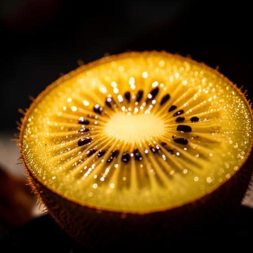 Sliced gold kiwifruit with amber flesh in sunlight